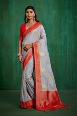 Shop Elegant Grey Banarasi Art Silk Woven Ready to Wear Saree Online - Best Prices-RTW-2230