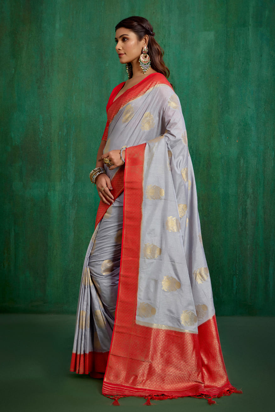 Shop Elegant Grey Banarasi Art Silk Woven Ready to Wear Saree Online - Best Prices-RTW-2230