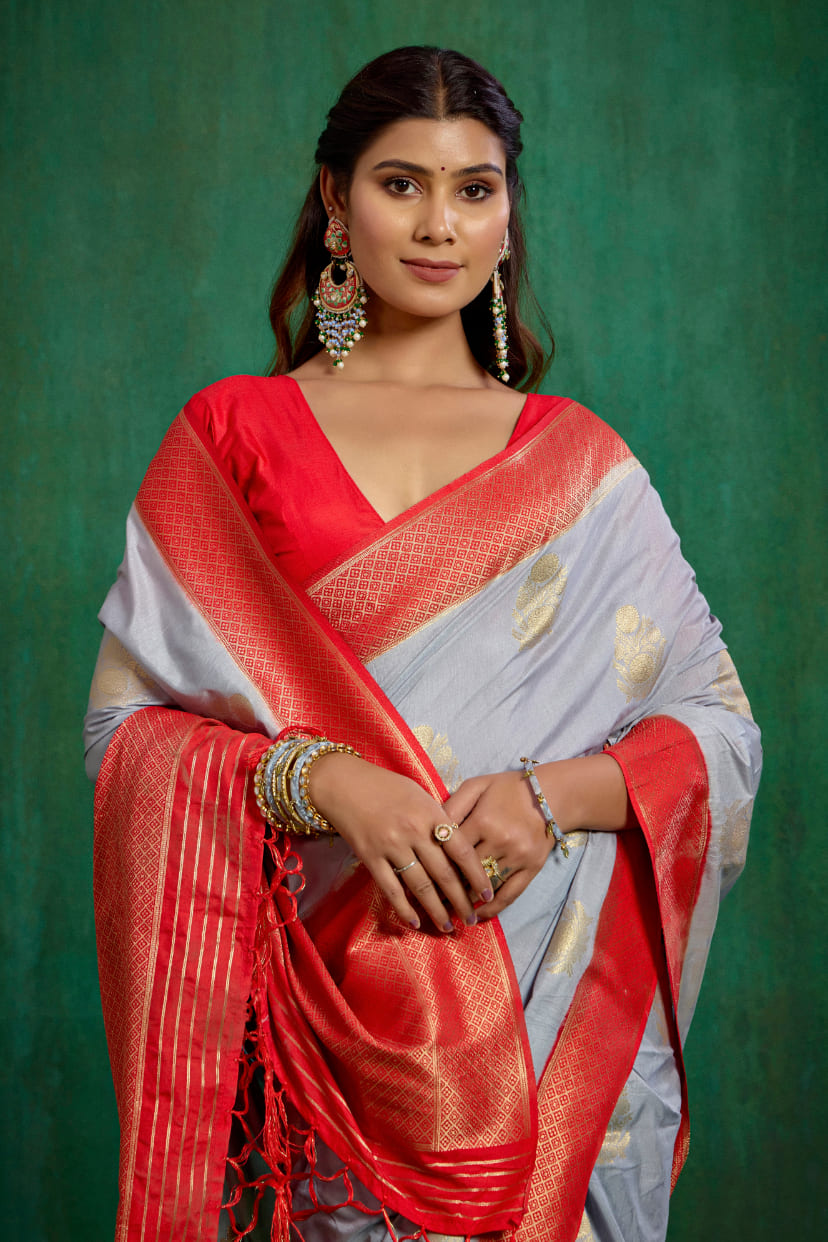 Shop Elegant Grey Banarasi Art Silk Woven Ready to Wear Saree Online - Best Prices-RTW-2230