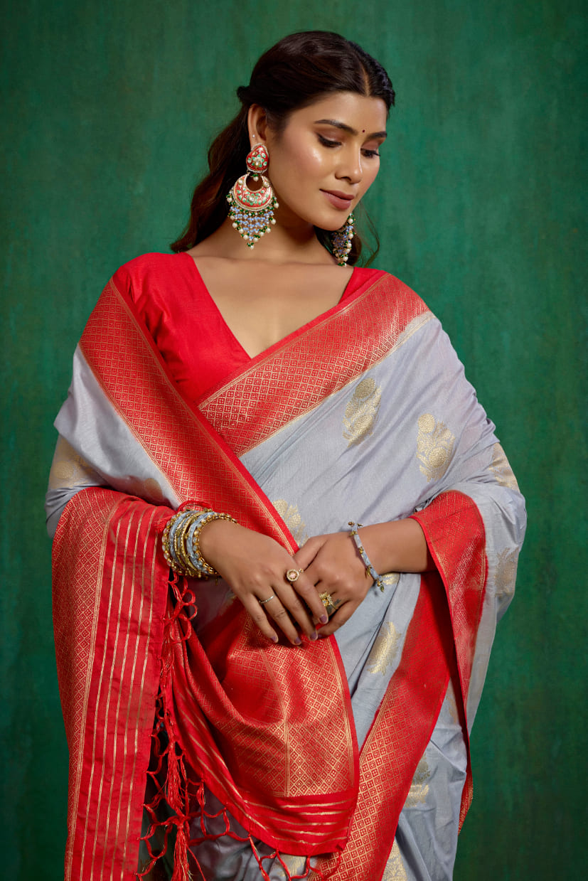 Shop Elegant Grey Banarasi Art Silk Woven Ready to Wear Saree Online - Best Prices-RTW-2230