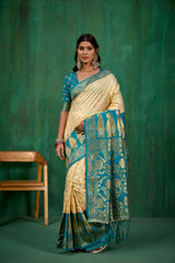 Shop Elegant Off White Banarasi Art Silk Woven Ready to Wear Saree Online - Best Prices-RTW-2535