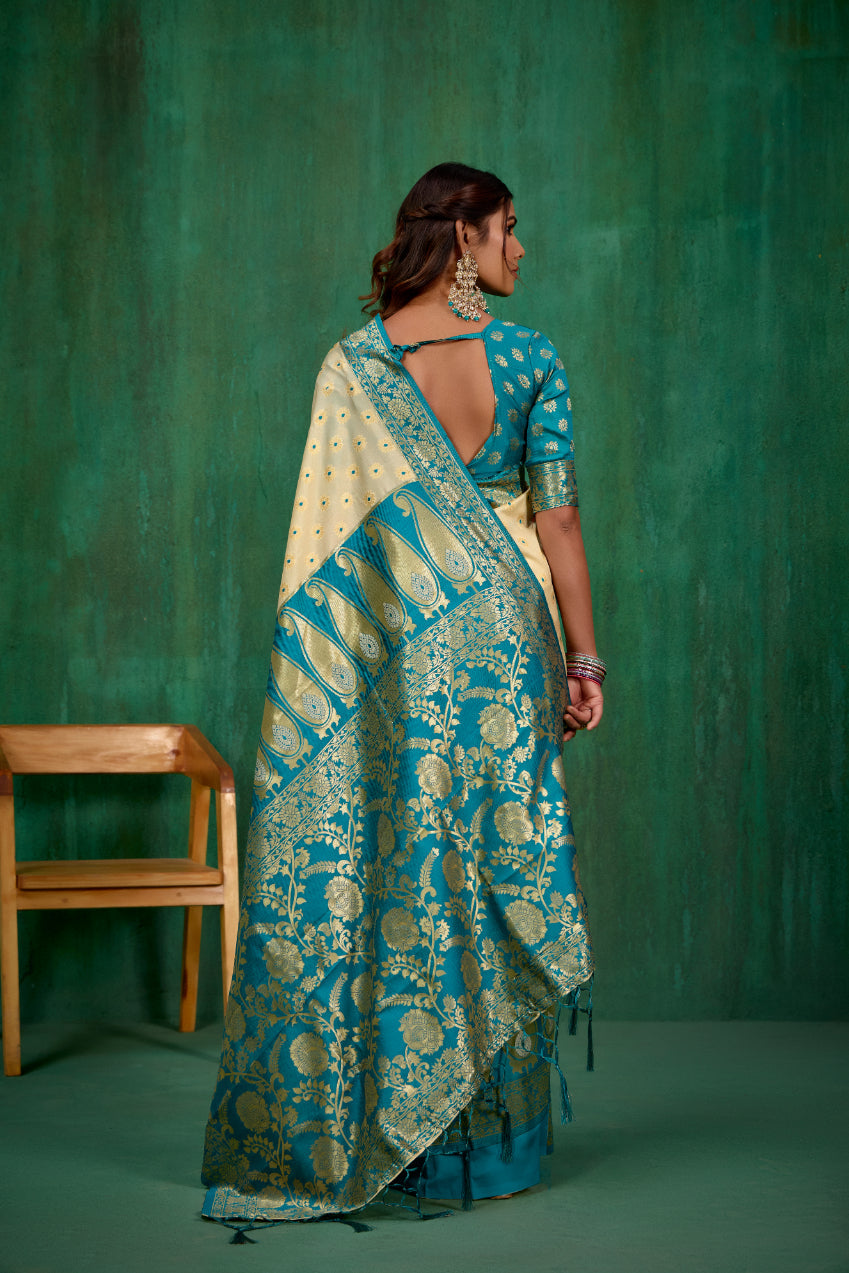Shop Elegant Off White Banarasi Art Silk Woven Ready to Wear Saree Online - Best Prices-RTW-2535