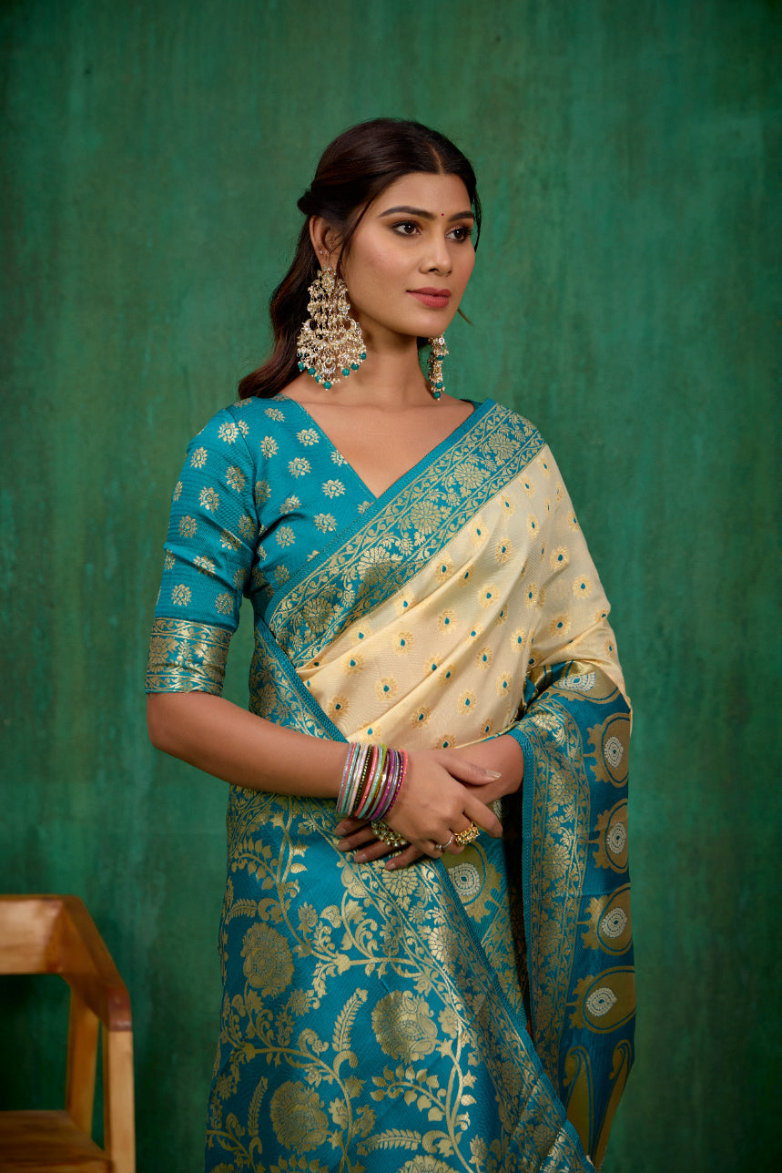 Shop Elegant Off White Banarasi Art Silk Woven Ready to Wear Saree Online - Best Prices-RTW-2535