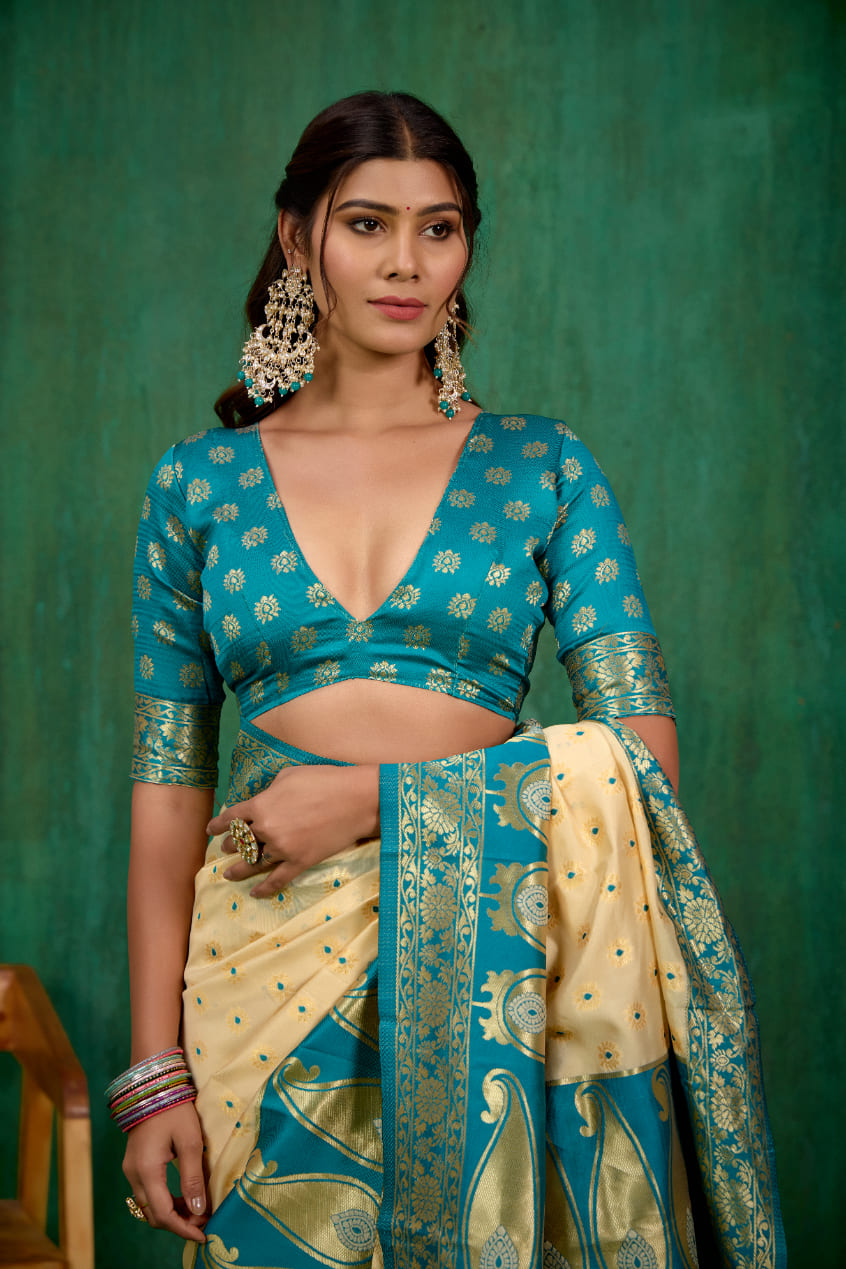 Shop Elegant Off White Banarasi Art Silk Woven Ready to Wear Saree Online - Best Prices-RTW-2535