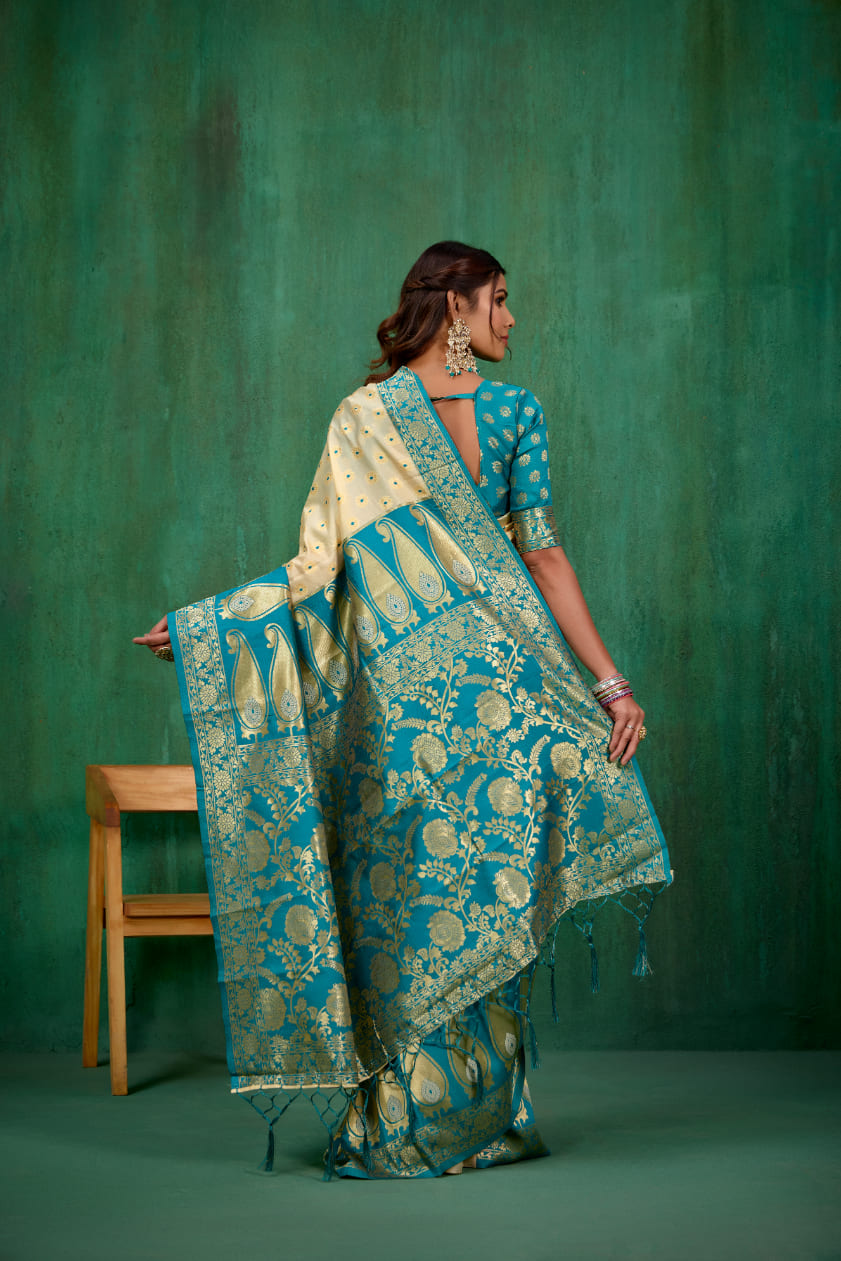 Shop Elegant Off White Banarasi Art Silk Woven Ready to Wear Saree Online - Best Prices-RTW-2535