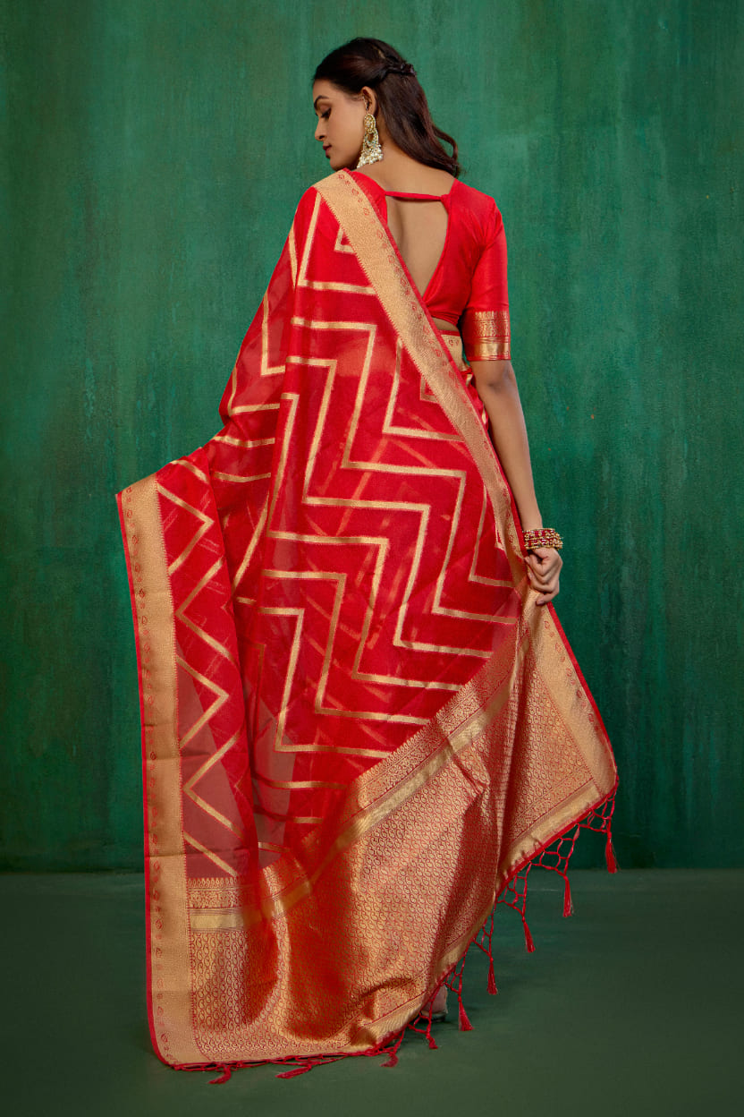 Shop Elegant Red Organza Silk Woven Ready to Wear Saree - Perfect for Any Occasion-RTW-2564