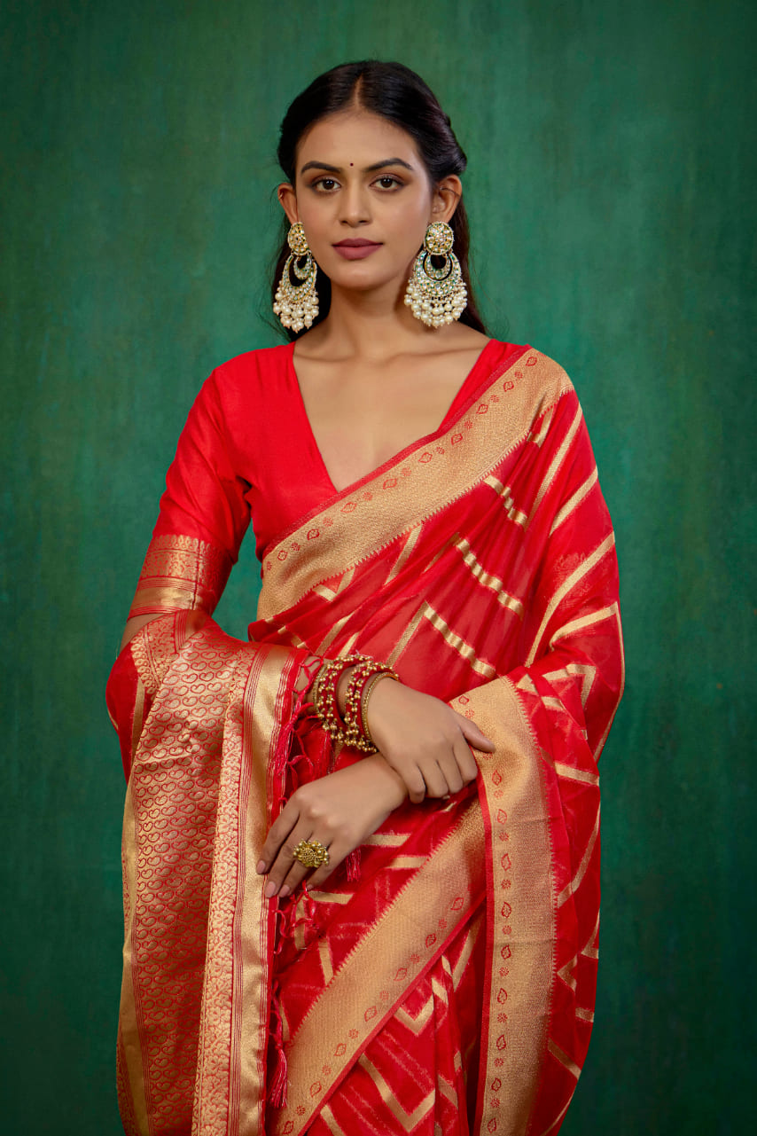 Shop Elegant Red Organza Silk Woven Ready to Wear Saree - Perfect for Any Occasion-RTW-2564