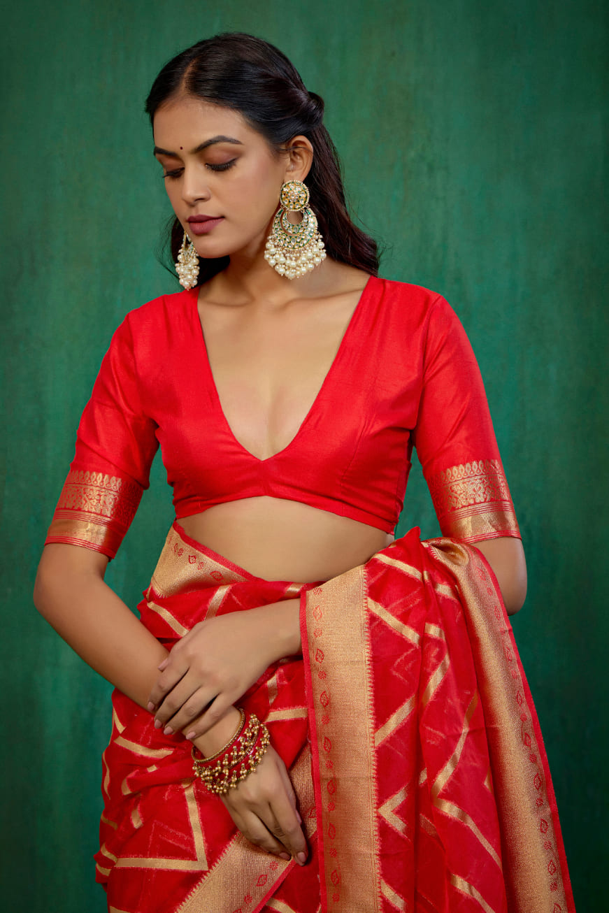 Shop Elegant Red Organza Silk Woven Ready to Wear Saree - Perfect for Any Occasion-RTW-2564