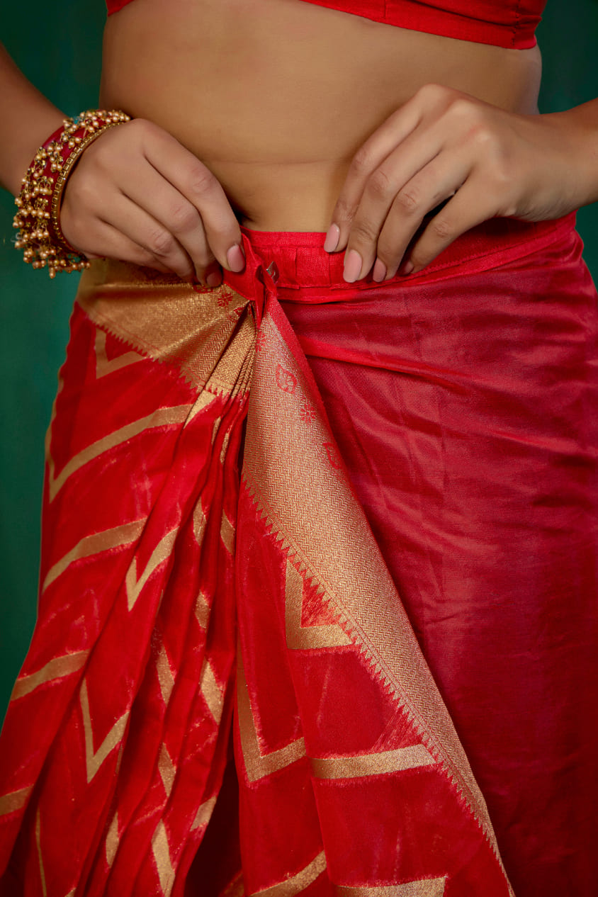 Shop Elegant Red Organza Silk Woven Ready to Wear Saree - Perfect for Any Occasion-RTW-2564