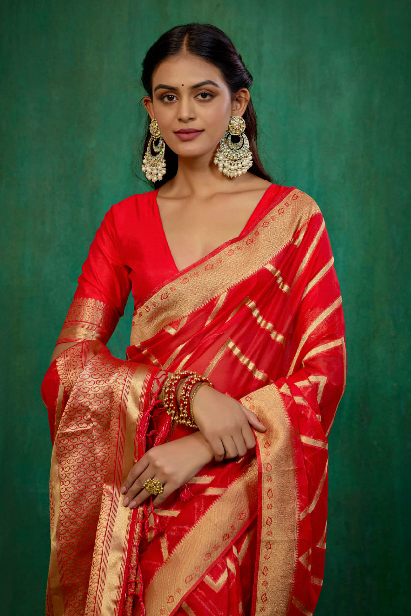 Shop Elegant Red Organza Silk Woven Ready to Wear Saree - Perfect for Any Occasion-RTW-2564