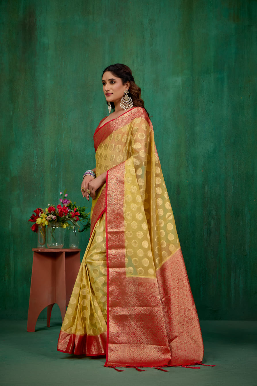 Shop Elegant Yellow Organza Silk Woven Ready to Wear Saree - Perfect for Any Occasion-RTW-2573