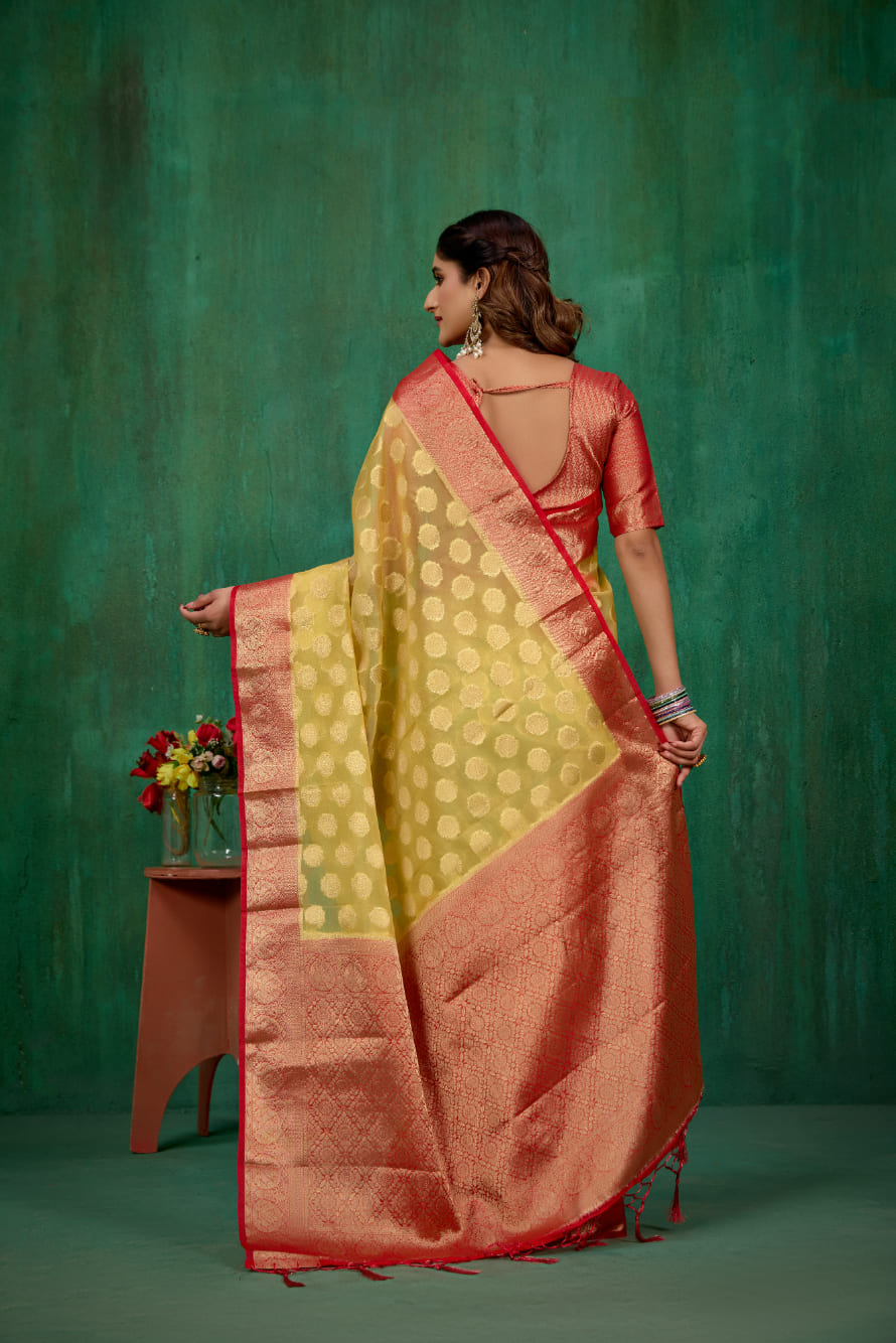 Shop Elegant Yellow Organza Silk Woven Ready to Wear Saree - Perfect for Any Occasion-RTW-2573
