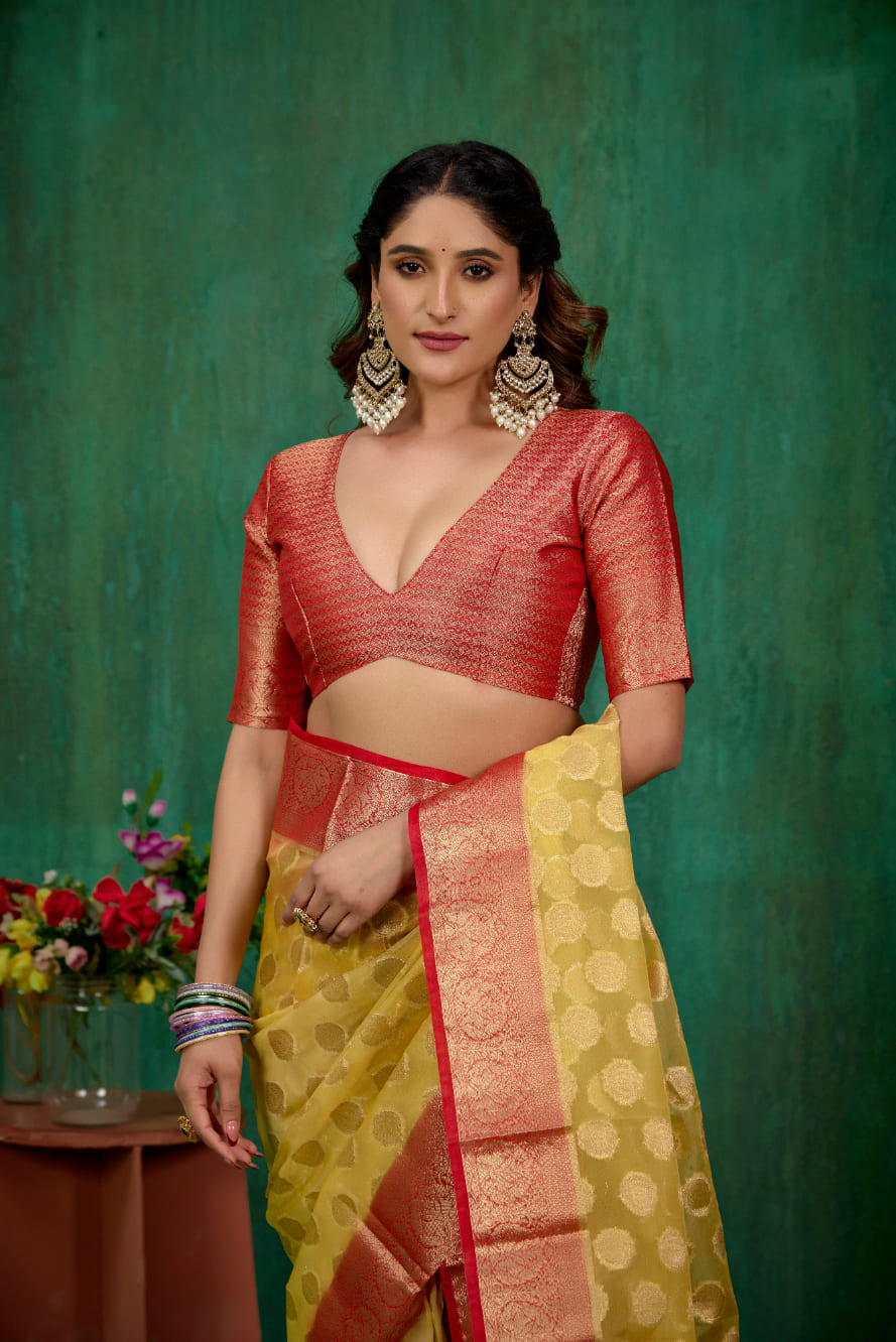 Shop Elegant Yellow Organza Silk Woven Ready to Wear Saree - Perfect for Any Occasion-RTW-2573