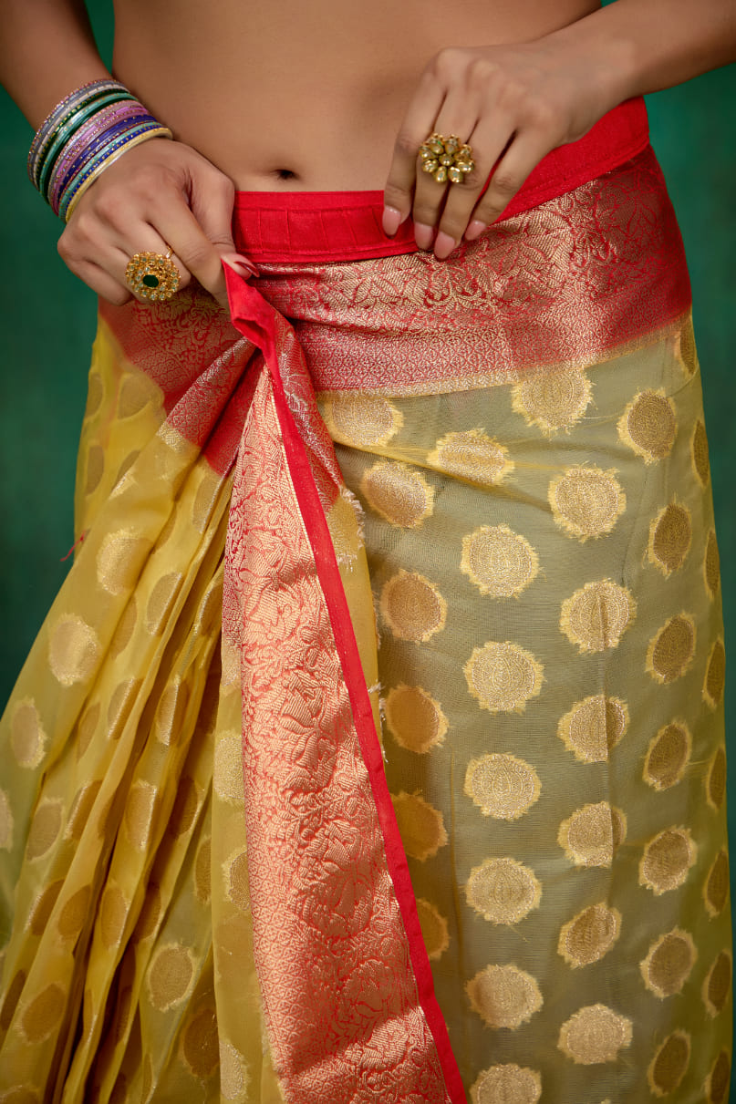 Shop Elegant Yellow Organza Silk Woven Ready to Wear Saree - Perfect for Any Occasion-RTW-2573