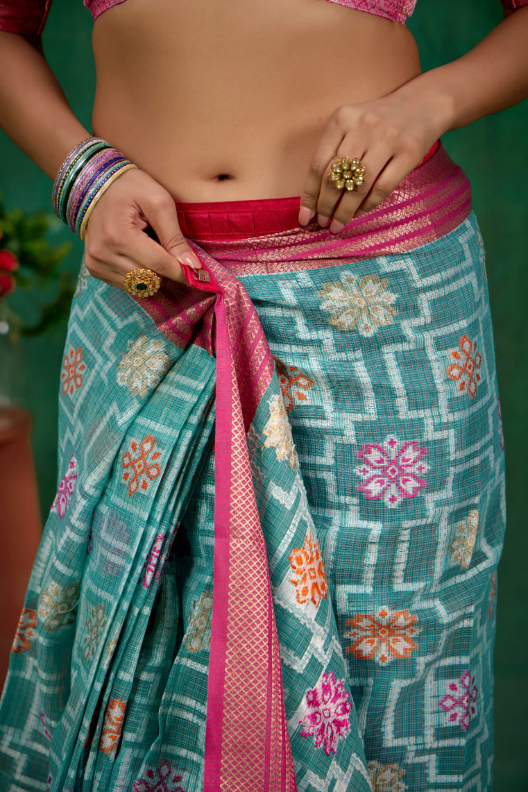 Elegant Teal Cotton Silk Woven Ready to Wear Saree - Perfect for Any Occasion-RTW-2593