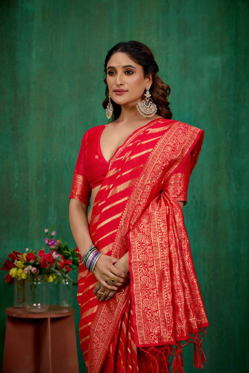 Shop Elegant Red Banarasi Art Silk Woven Ready to Wear Saree Online - Best Prices-RTW-2942