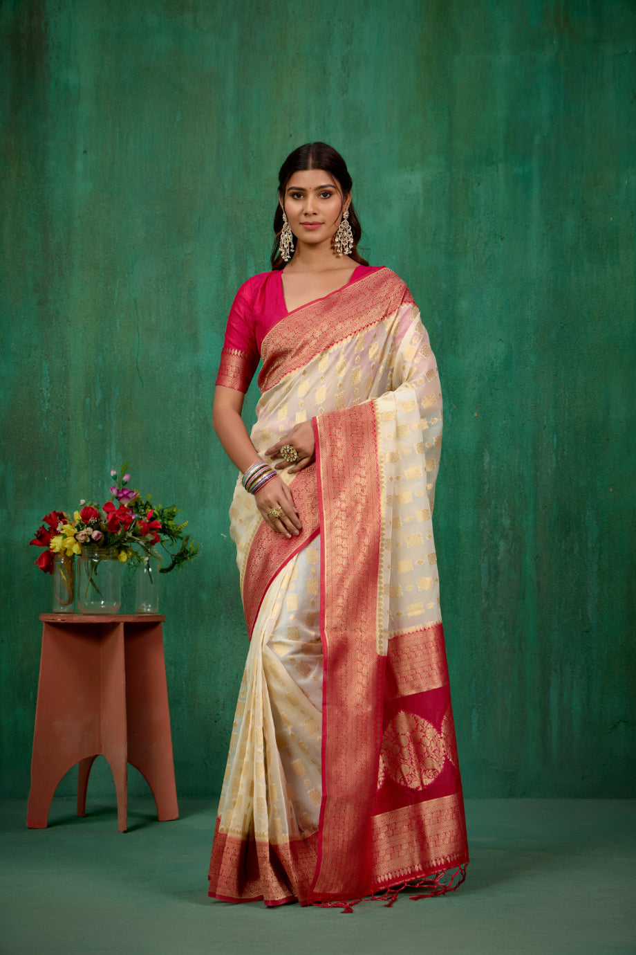 Shop Elegant Cream Organza Woven Ready-to-Wear Sarees Online - Best Prices & Styles-RTW-3370