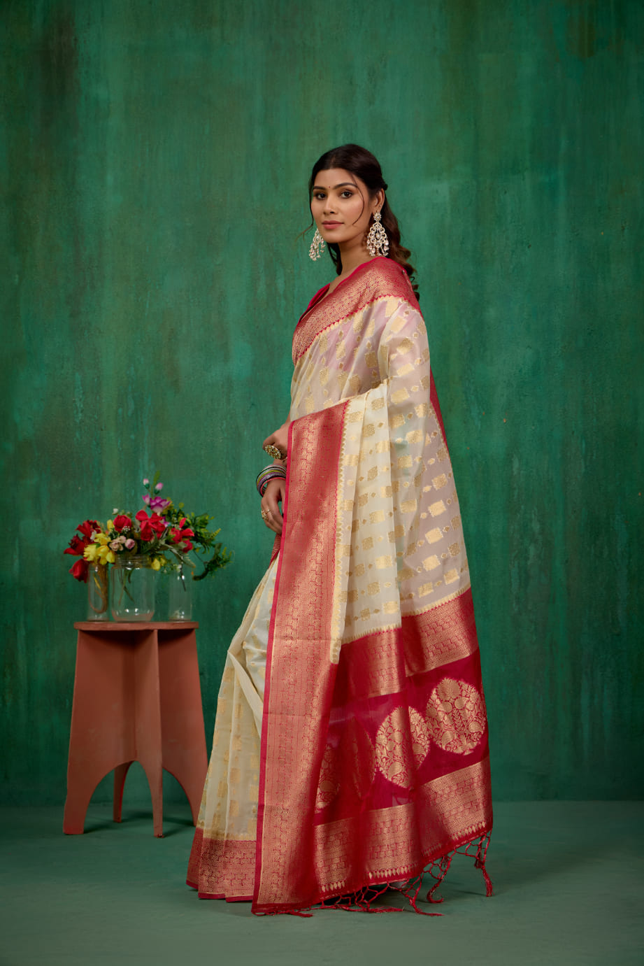 Shop Elegant Cream Organza Woven Ready-to-Wear Sarees Online - Best Prices & Styles-RTW-3370