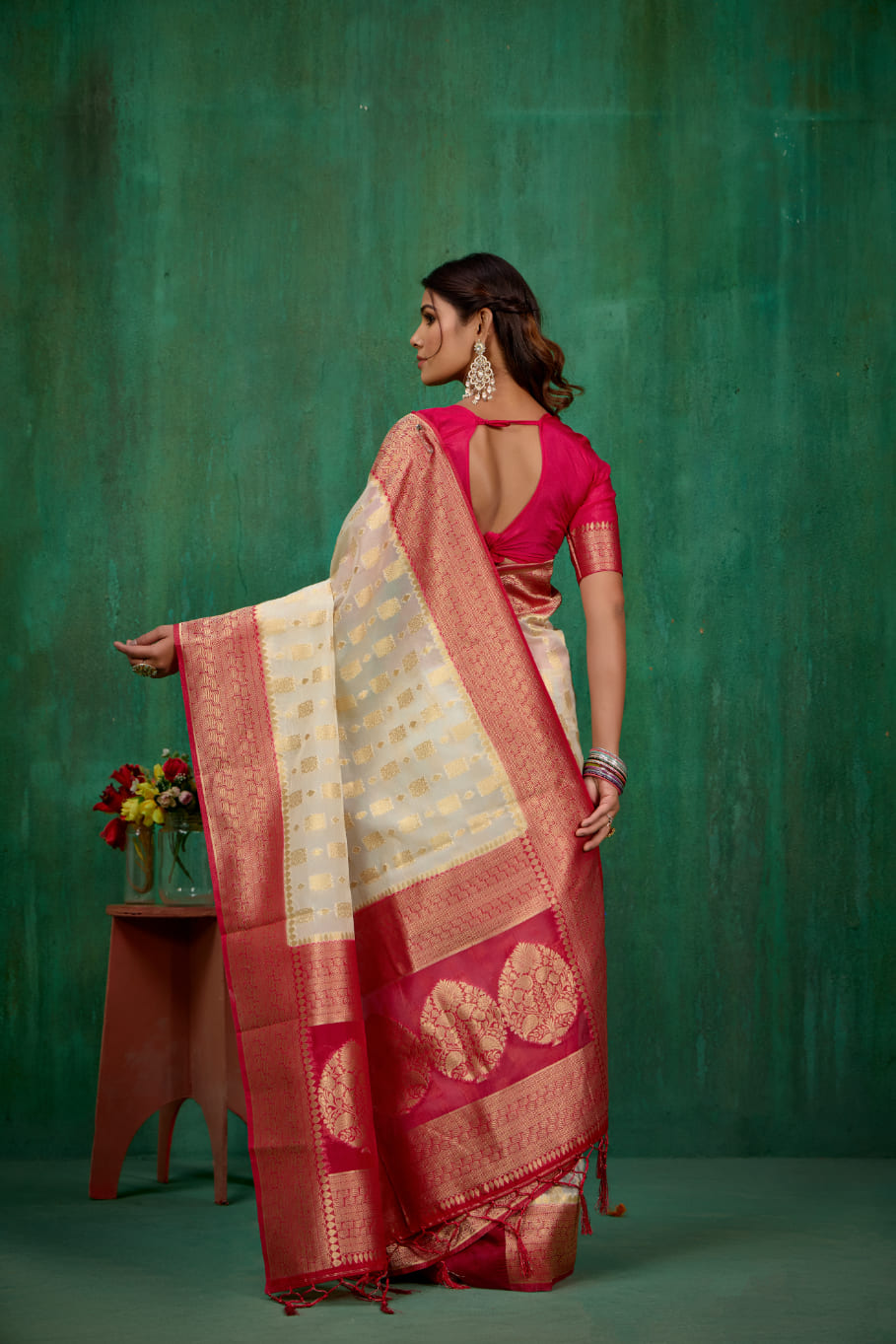Shop Elegant Cream Organza Woven Ready-to-Wear Sarees Online - Best Prices & Styles-RTW-3370