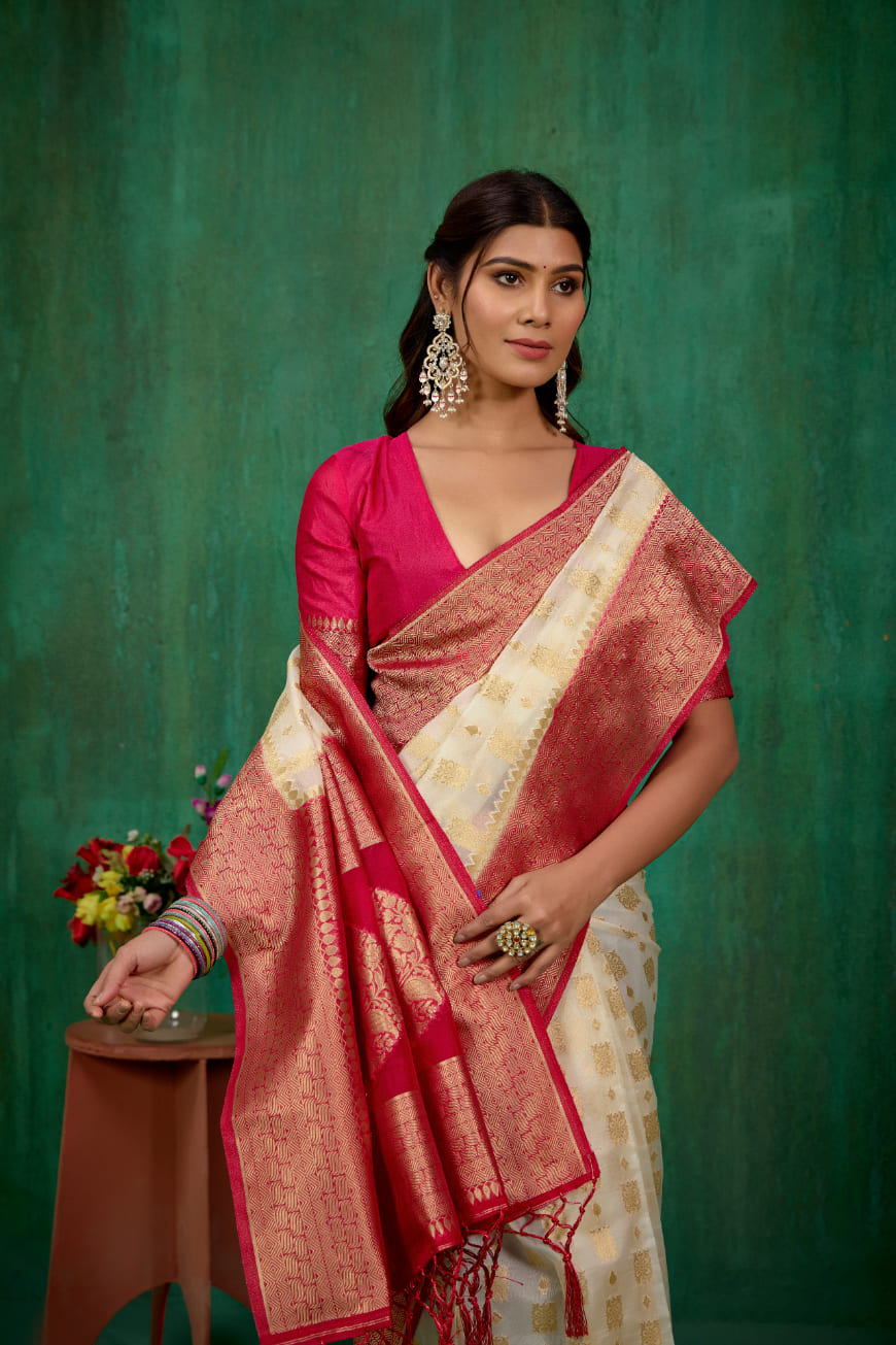 Shop Elegant Cream Organza Woven Ready-to-Wear Sarees Online - Best Prices & Styles-RTW-3370