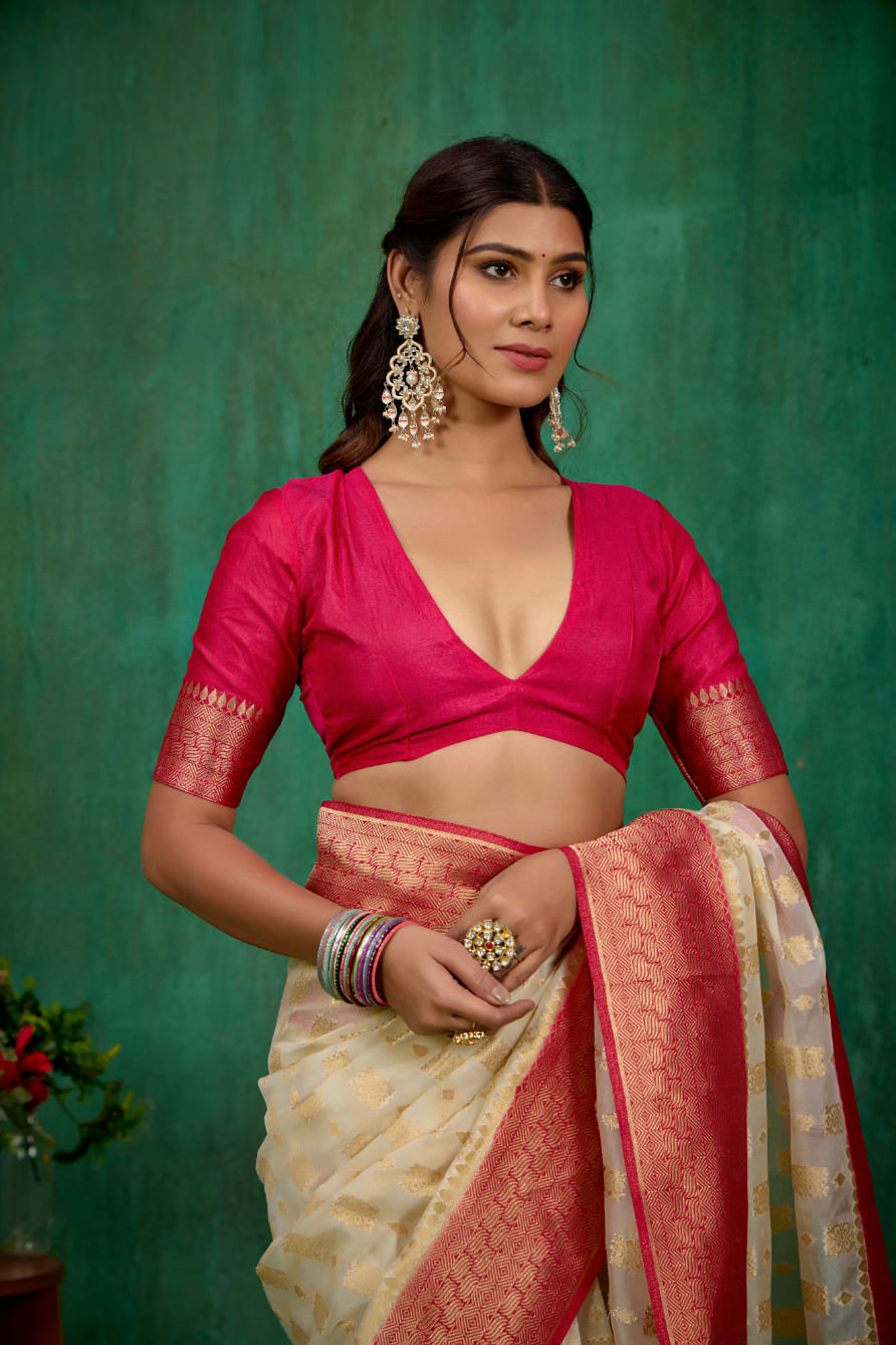 Shop Elegant Cream Organza Woven Ready-to-Wear Sarees Online - Best Prices & Styles-RTW-3370