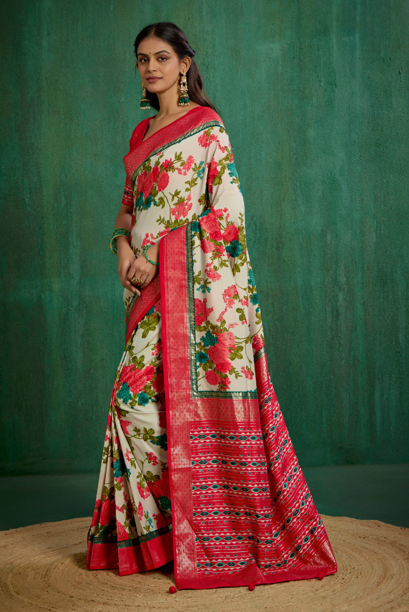 Elegant Cream Cotton Silk Floral Print Ready to Wear Saree - Shop Now!-RTW-3714