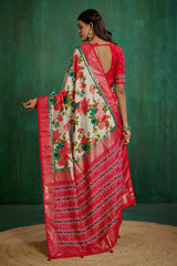 Elegant Cream Cotton Silk Floral Print Ready to Wear Saree - Shop Now!-RTW-3714