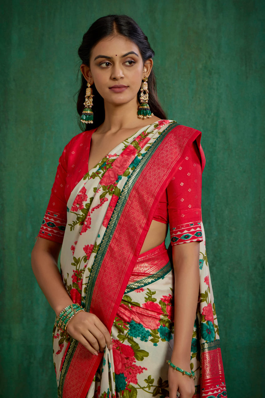 Elegant Cream Cotton Silk Floral Print Ready to Wear Saree - Shop Now!-RTW-3714