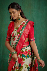 Elegant Cream Cotton Silk Floral Print Ready to Wear Saree - Shop Now!-RTW-3714
