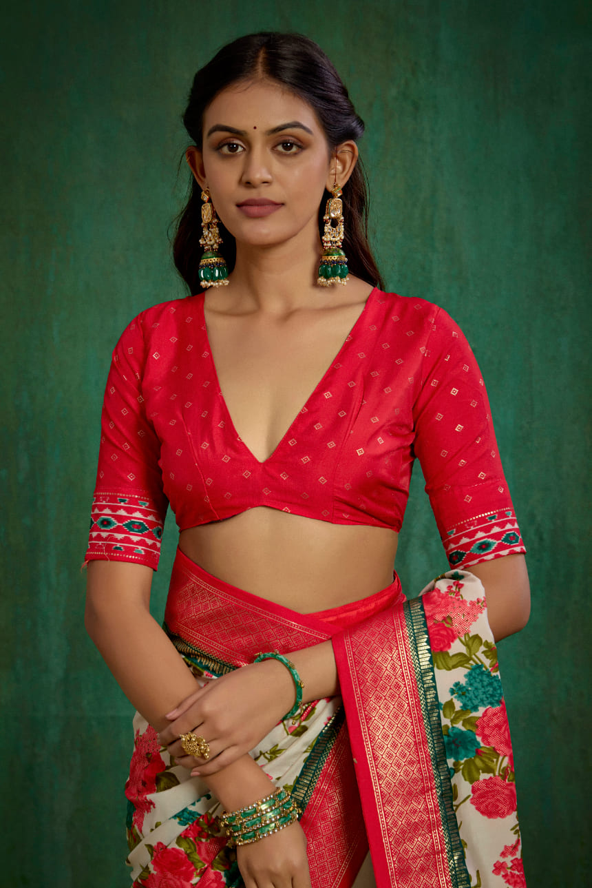 Elegant Cream Cotton Silk Floral Print Ready to Wear Saree - Shop Now!-RTW-3714