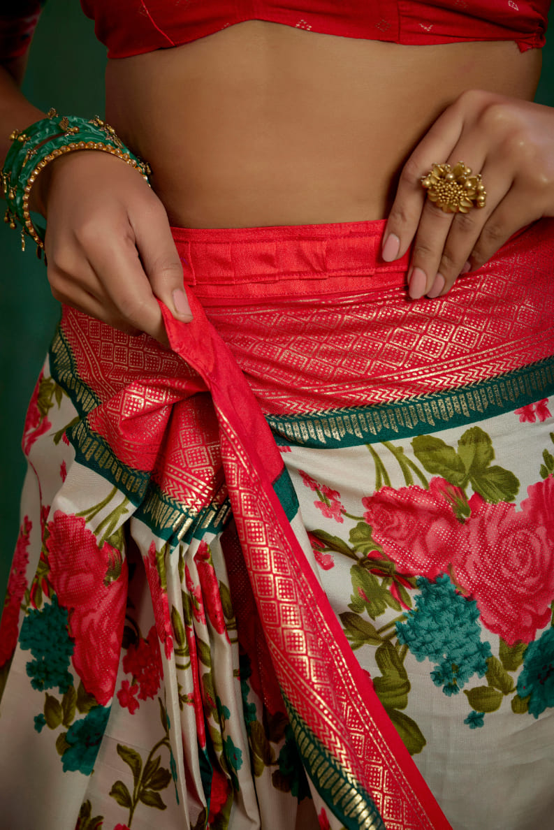Elegant Cream Cotton Silk Floral Print Ready to Wear Saree - Shop Now!-RTW-3714