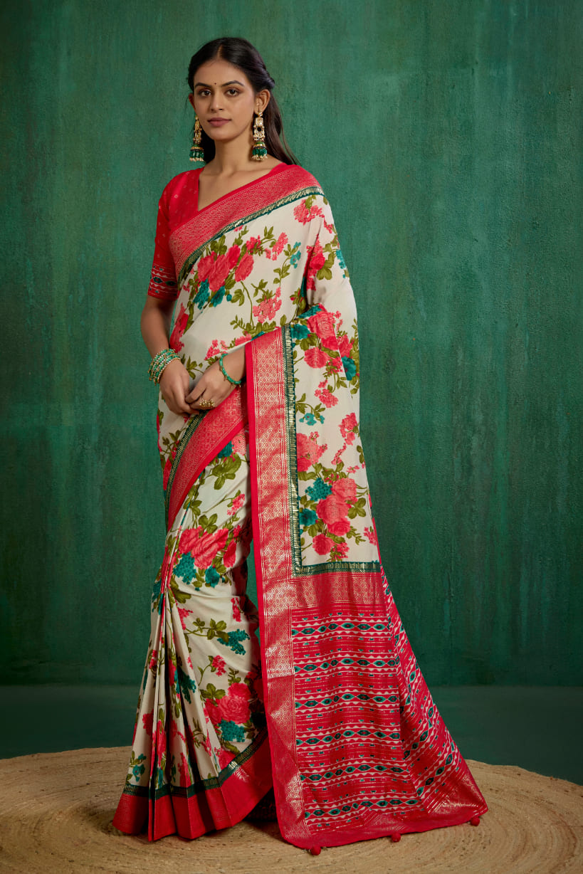 Elegant Cream Cotton Silk Floral Print Ready to Wear Saree - Shop Now!-RTW-3714