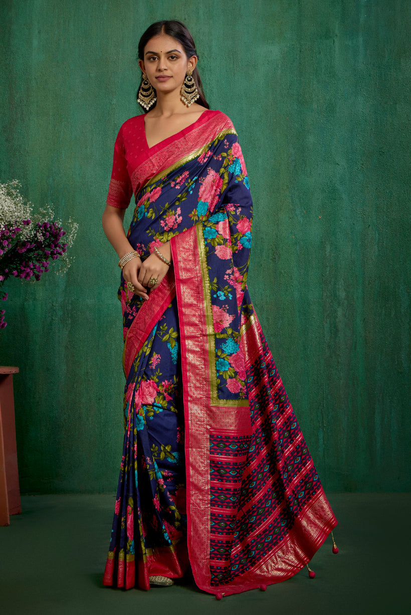 Elegant Grey Cotton Silk Floral Print Ready to Wear Saree - Shop Now!-RTW-3715