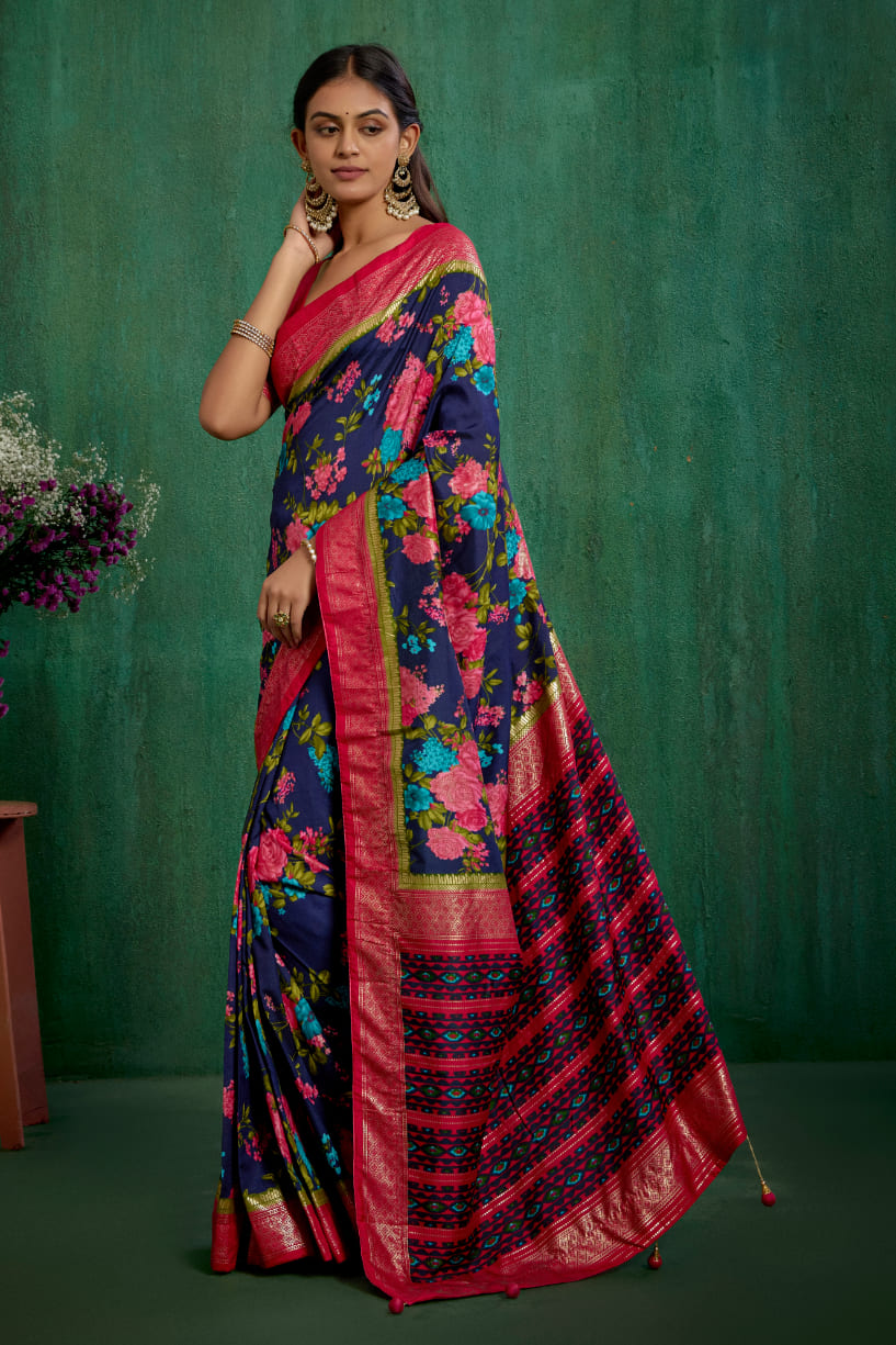 Elegant Grey Cotton Silk Floral Print Ready to Wear Saree - Shop Now!-RTW-3715