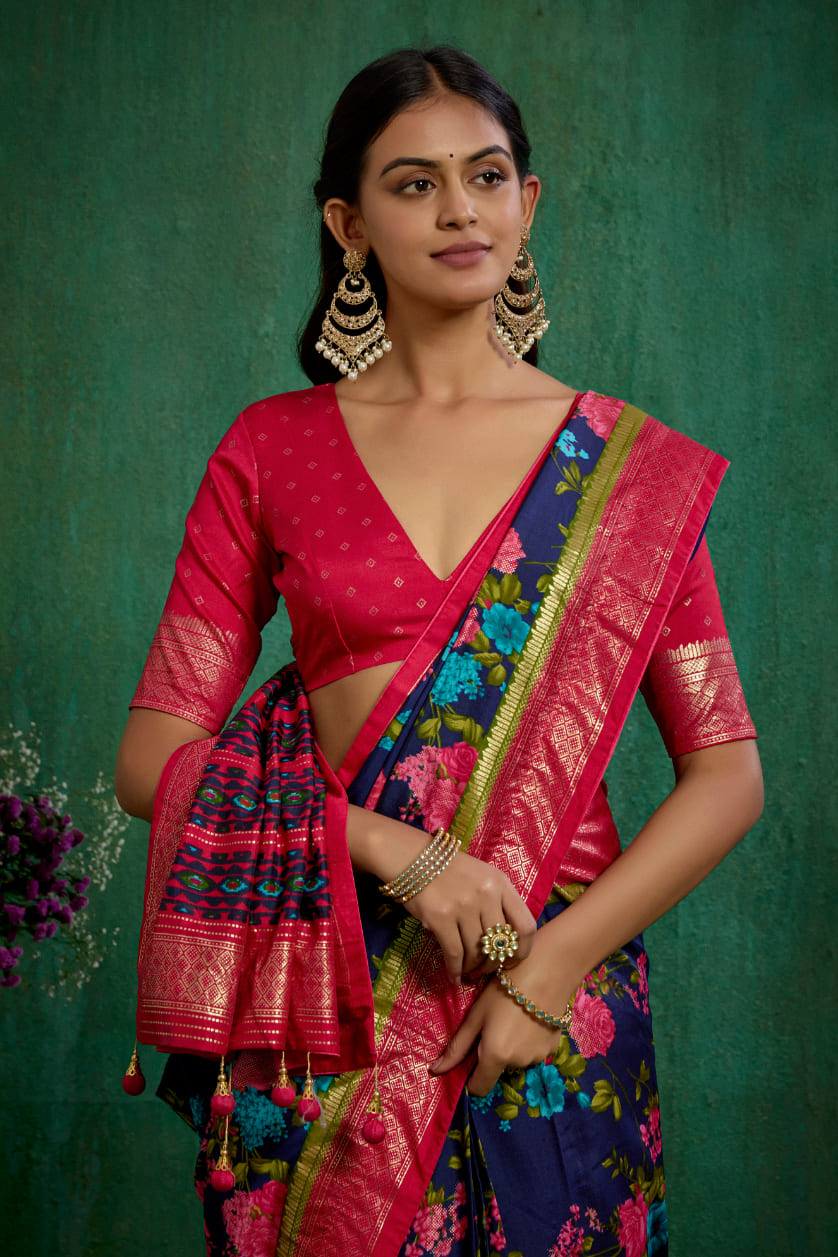 Elegant Grey Cotton Silk Floral Print Ready to Wear Saree - Shop Now!-RTW-3715