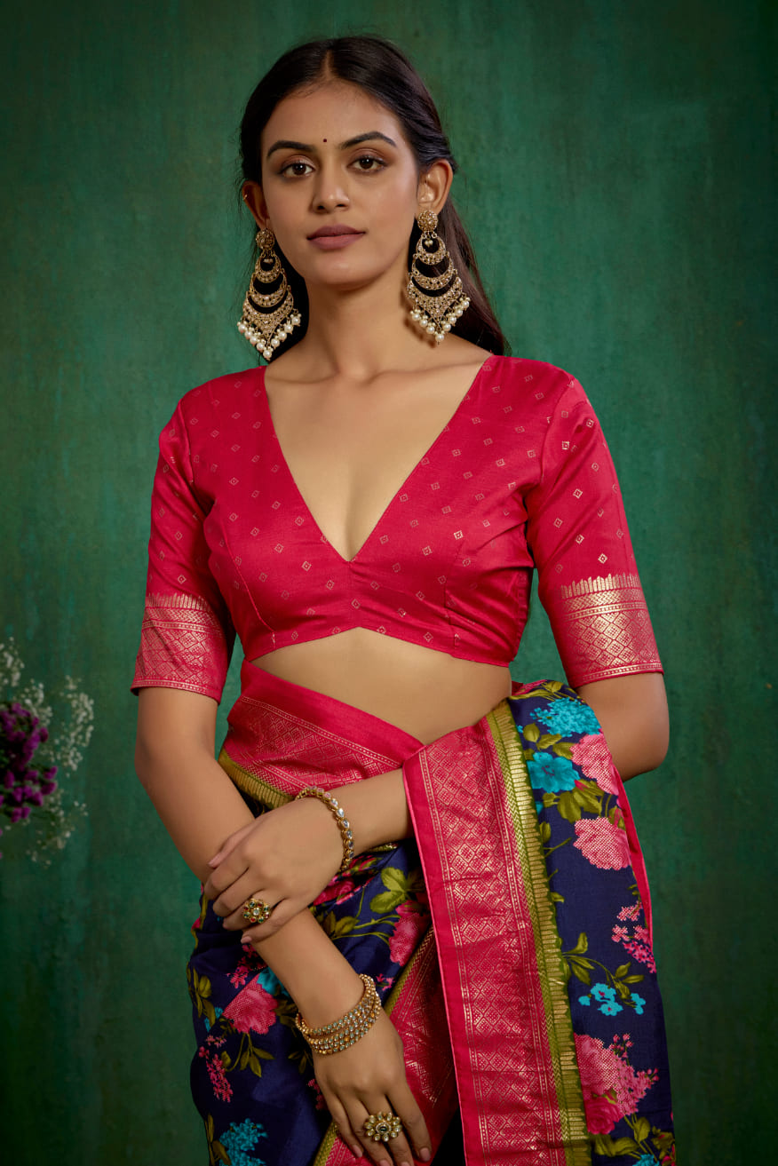 Elegant Grey Cotton Silk Floral Print Ready to Wear Saree - Shop Now!-RTW-3715