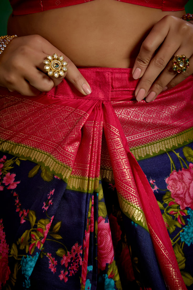 Elegant Grey Cotton Silk Floral Print Ready to Wear Saree - Shop Now!-RTW-3715