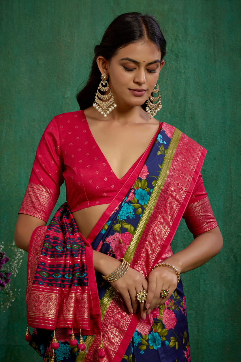 Elegant Grey Cotton Silk Floral Print Ready to Wear Saree - Shop Now!-RTW-3715