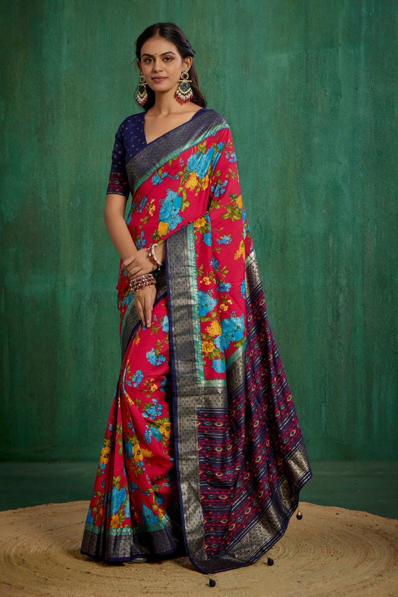 Elegant Burgundy Cotton Silk Floral Print Ready to Wear Saree - Shop Now!-RTW-3719