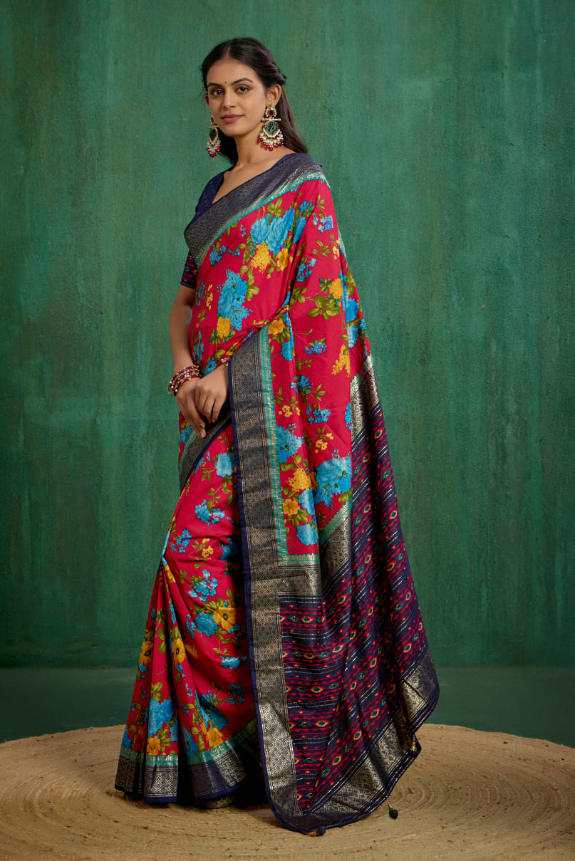 Elegant Burgundy Cotton Silk Floral Print Ready to Wear Saree - Shop Now!-RTW-3719