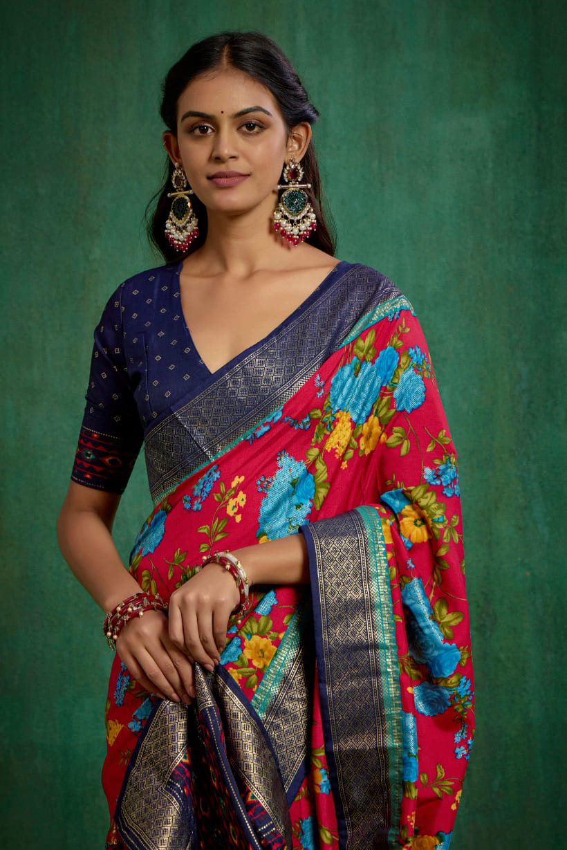 Elegant Burgundy Cotton Silk Floral Print Ready to Wear Saree - Shop Now!-RTW-3719