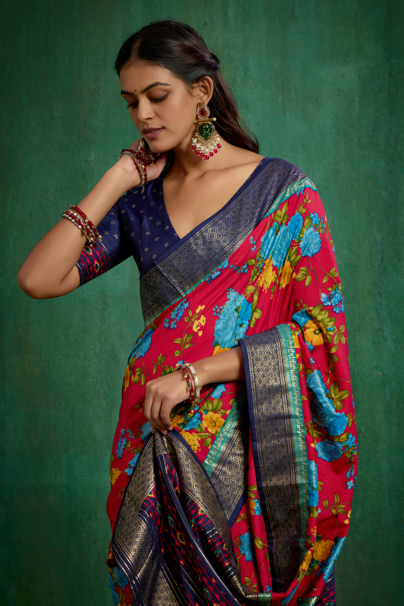 Elegant Burgundy Cotton Silk Floral Print Ready to Wear Saree - Shop Now!-RTW-3719