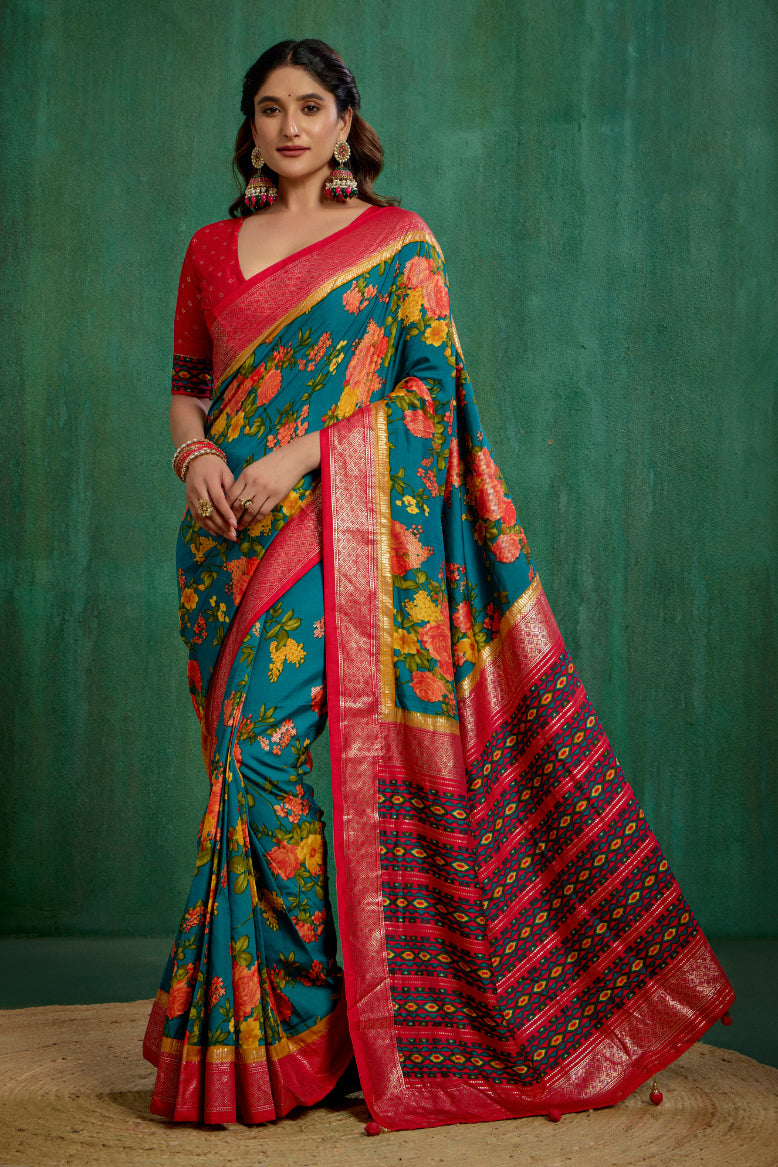 Elegant Green Cotton Silk Floral Print Ready to Wear Saree - Shop Now!-RTW-3722