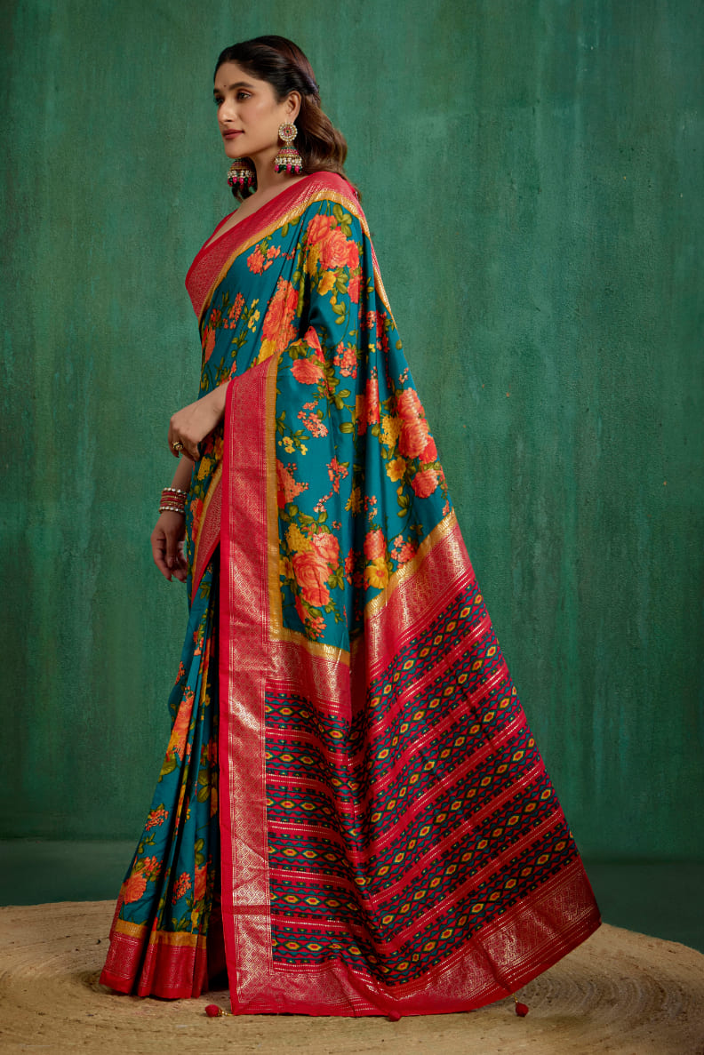 Elegant Green Cotton Silk Floral Print Ready to Wear Saree - Shop Now!-RTW-3722