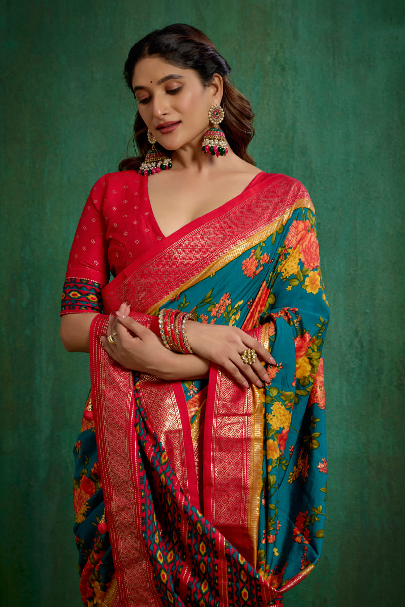 Elegant Green Cotton Silk Floral Print Ready to Wear Saree - Shop Now!-RTW-3722