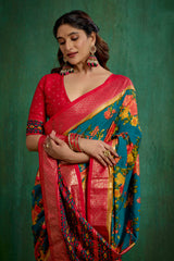Elegant Green Cotton Silk Floral Print Ready to Wear Saree - Shop Now!-RTW-3722
