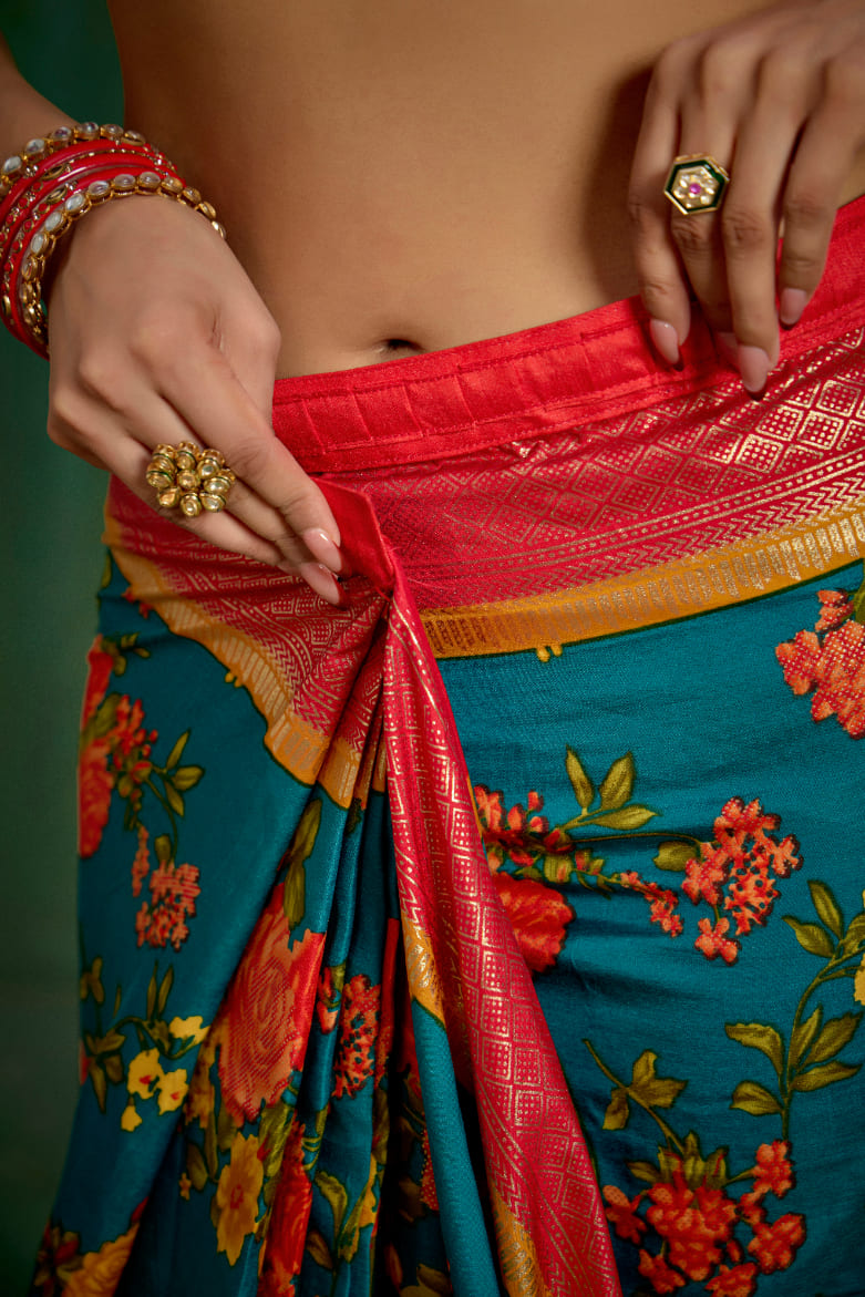 Elegant Green Cotton Silk Floral Print Ready to Wear Saree - Shop Now!-RTW-3722