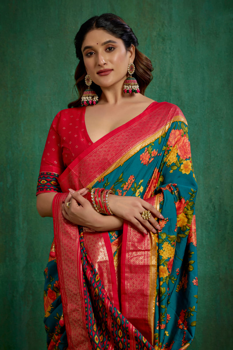 Elegant Green Cotton Silk Floral Print Ready to Wear Saree - Shop Now!-RTW-3722
