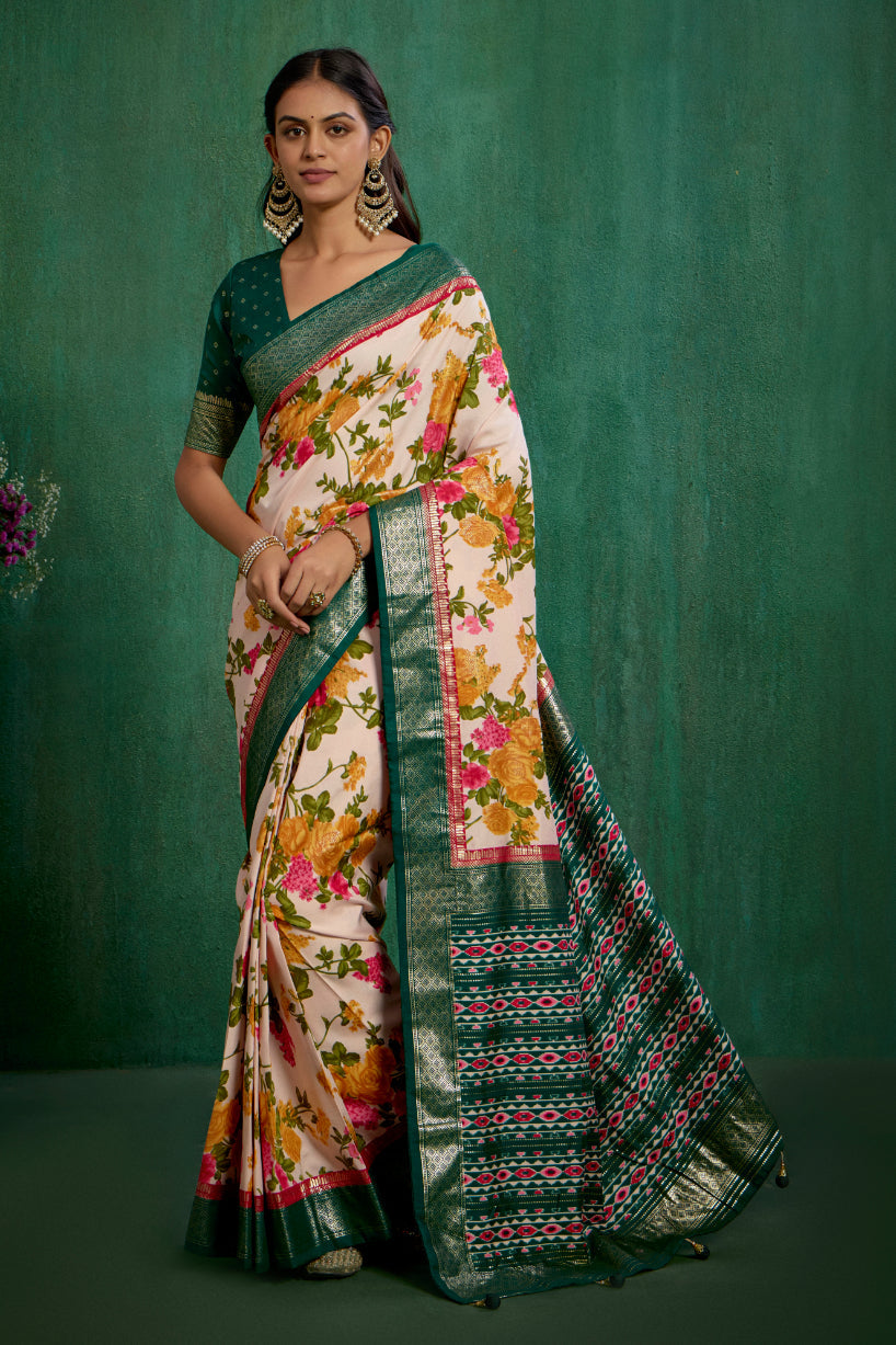 Elegant Rose Gold Cotton Silk Floral Print Ready to Wear Saree - Shop Now!-RTW-3723