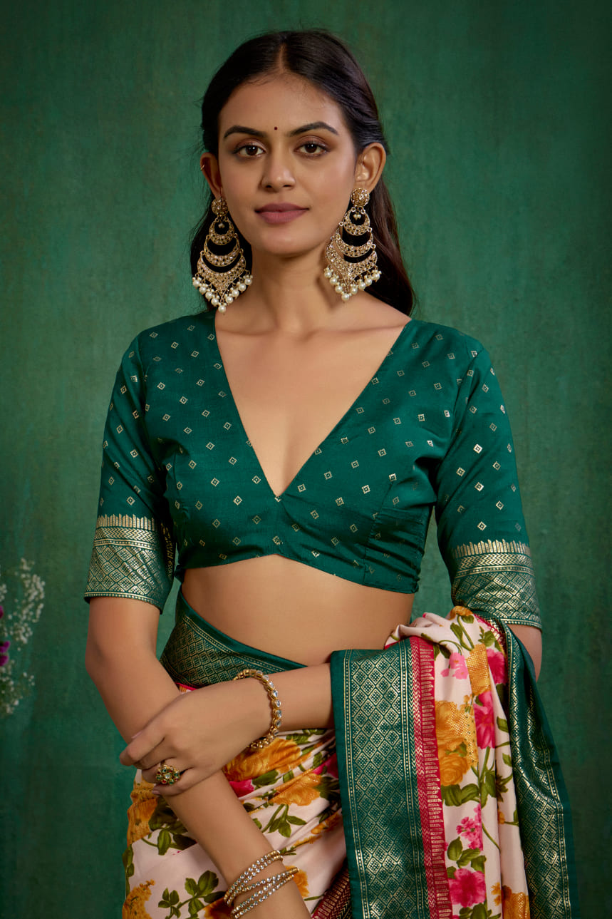 Elegant Rose Gold Cotton Silk Floral Print Ready to Wear Saree - Shop Now!-RTW-3723